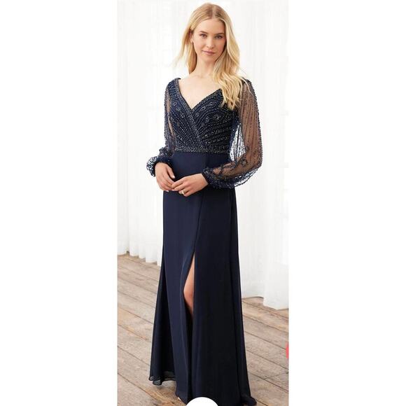 Adrianna Papell Dresses & Skirts - Adrianna Papell 40398 Bishop Sleeve Beaded Bodice Dress, Navy, 16, MOB, Preowned